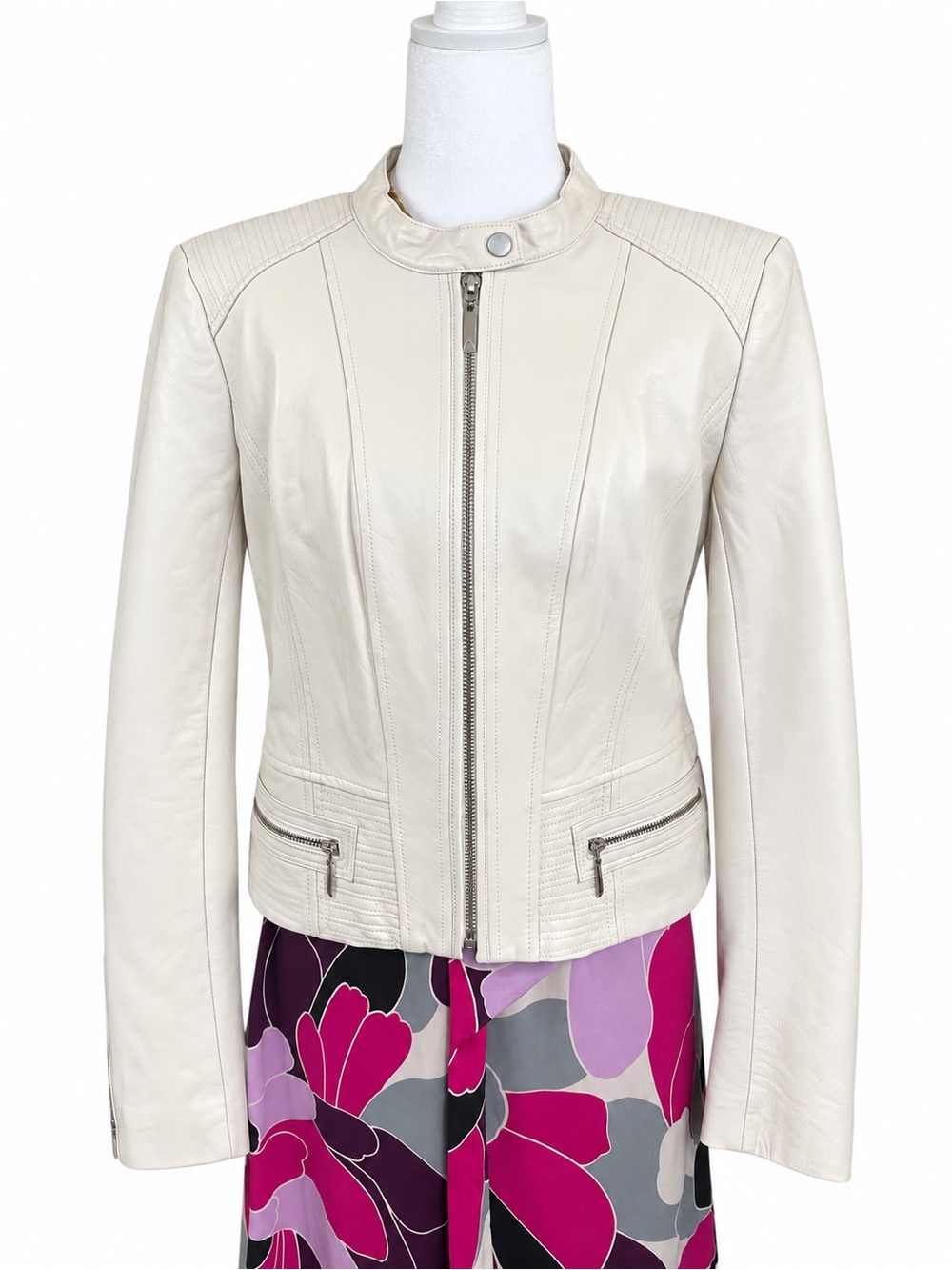 White House Black Market WHBM Bone Genuine Leather Moto Jacket M NWT
